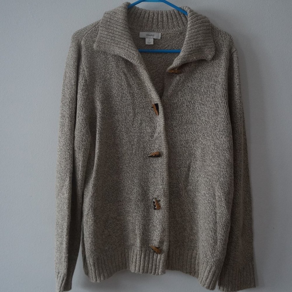 CJ Banks Button Front Cardigan Beige Black 1X